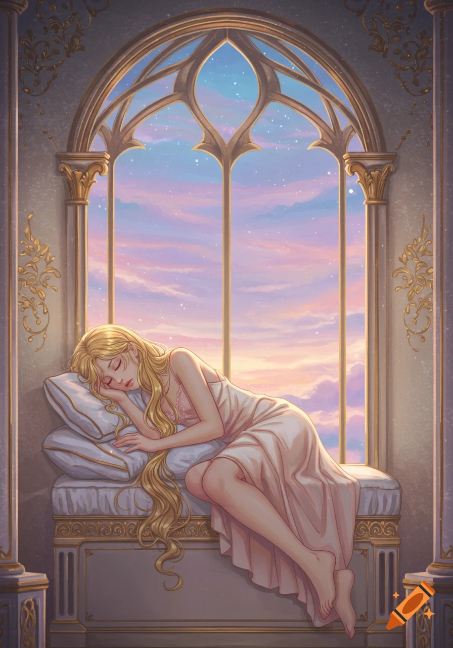 An anime girl with long blonde hair sleeps on a window seat in a tower, illuminated by the sunset sky outside.