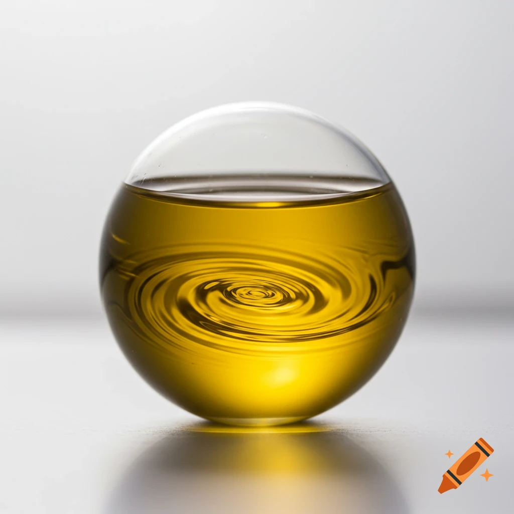 A transparent sphere filled with golden oil showing a swirling pattern, set against a white background.