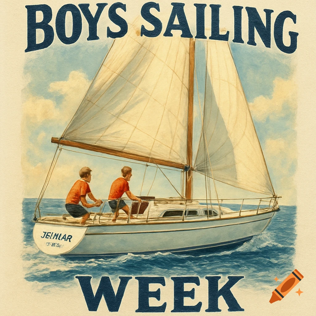 Illustration of two boys sailing a boat on a blue ocean, with the text "BOYS SAILING WEEK" above and below.