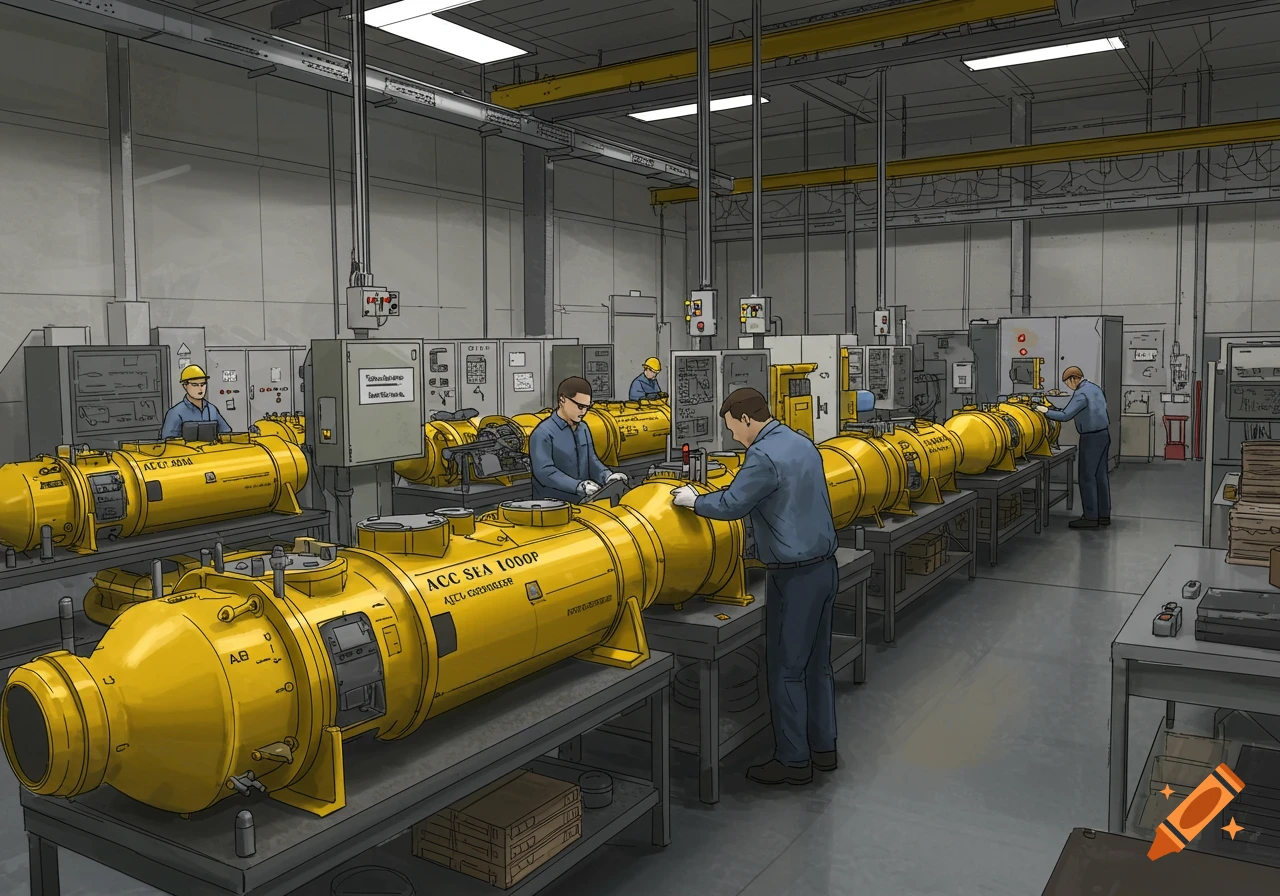 Men in a factory assemble large yellow industrial equipment.