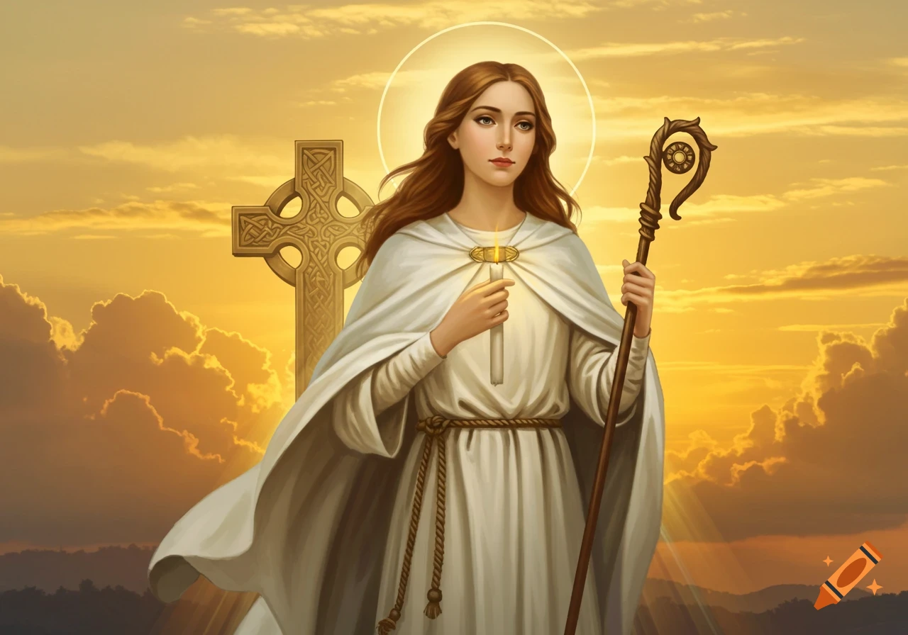Digital painting of a woman with a halo holding a staff and candle, standing near a Celtic cross against a sunset.