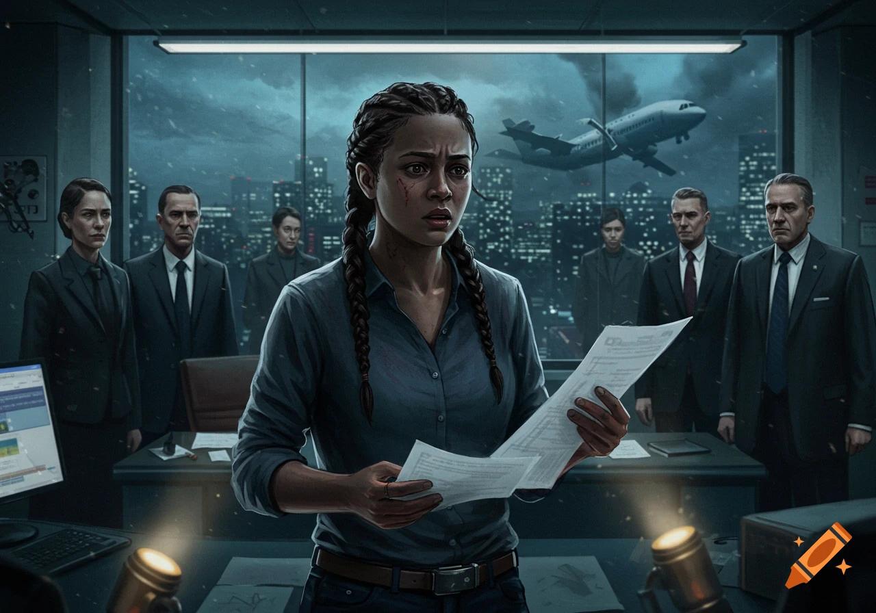 Illustration of a whistleblower holding papers in a tense office meeting with a stormy city and airplane outside.