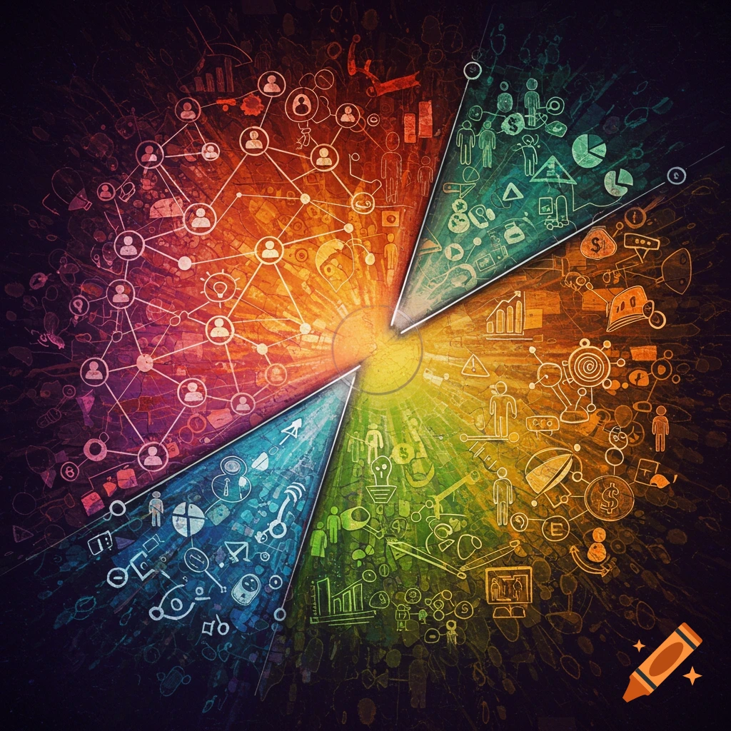 Colorful abstract diagram showing interconnected business concepts and symbols.