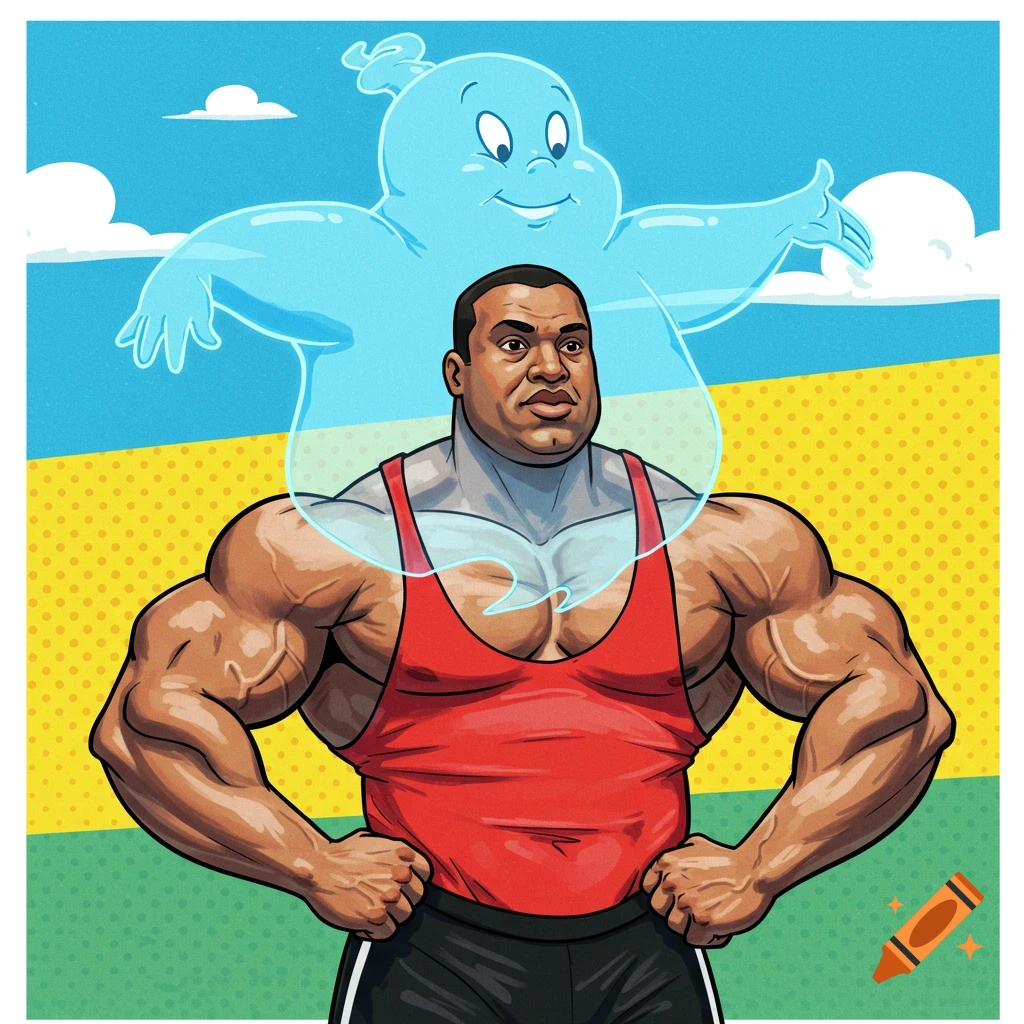 Cartoon illustration of a muscular bodybuilder with a blue ghost behind him, against a pop art background.