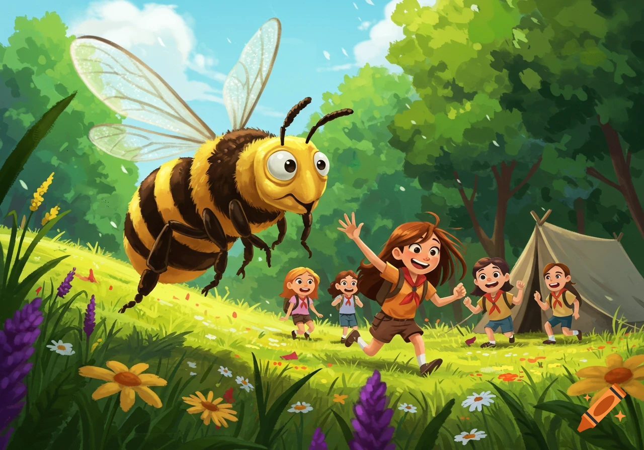 A huge cartoon bee chases excited children campers through a flowery meadow near a forest.