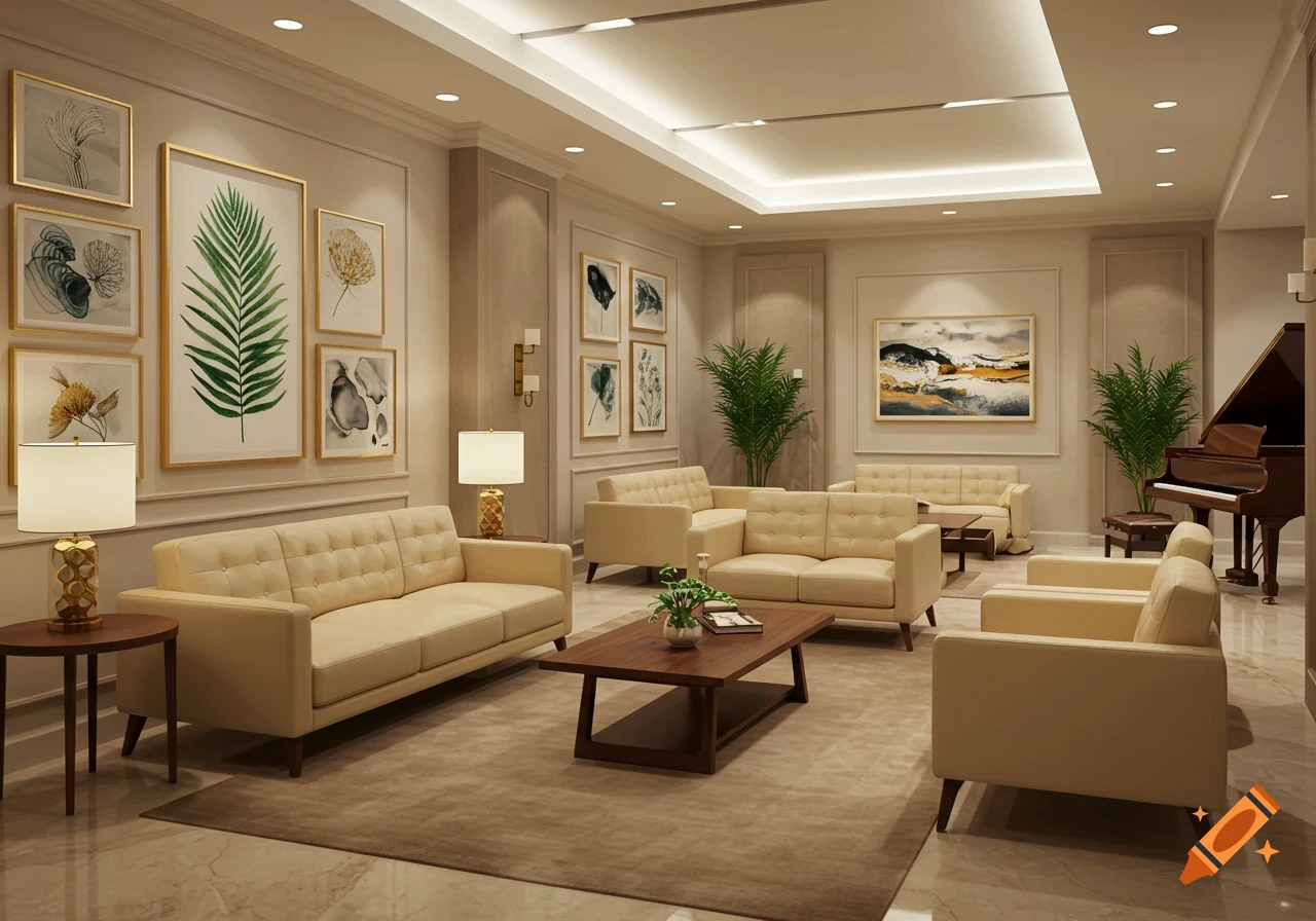 Luxurious waiting room with beige sofas, botanical wall art, plants, and a grand piano.