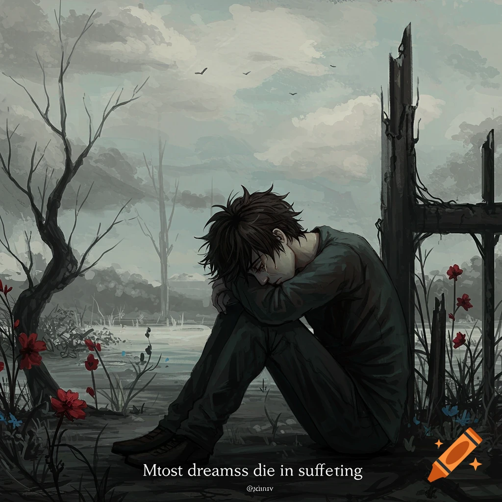An illustration of a sad person sitting in a desolate landscape, with dark skies and bare trees.