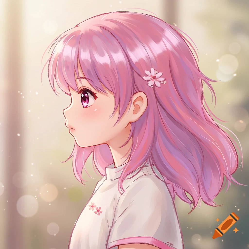 Profile portrait of an anime girl with pink hair and pink eyes, in Studio Ghibli style.