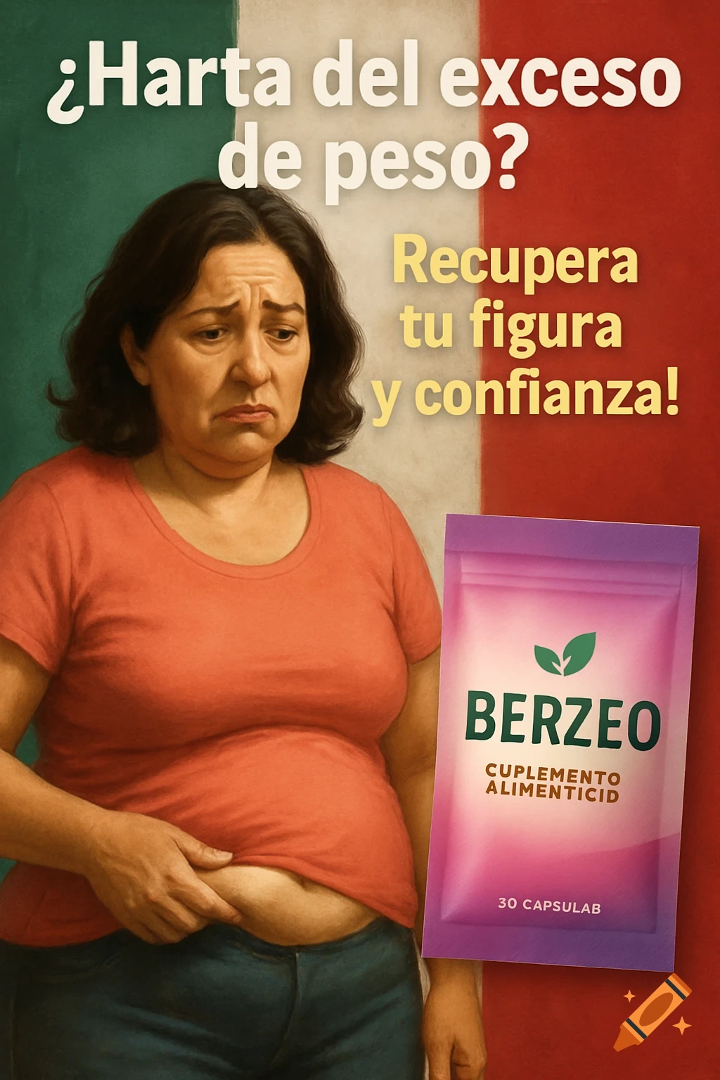 Illustration of woman unhappy about weight, next to BERZEO supplement packaging with Spanish text.