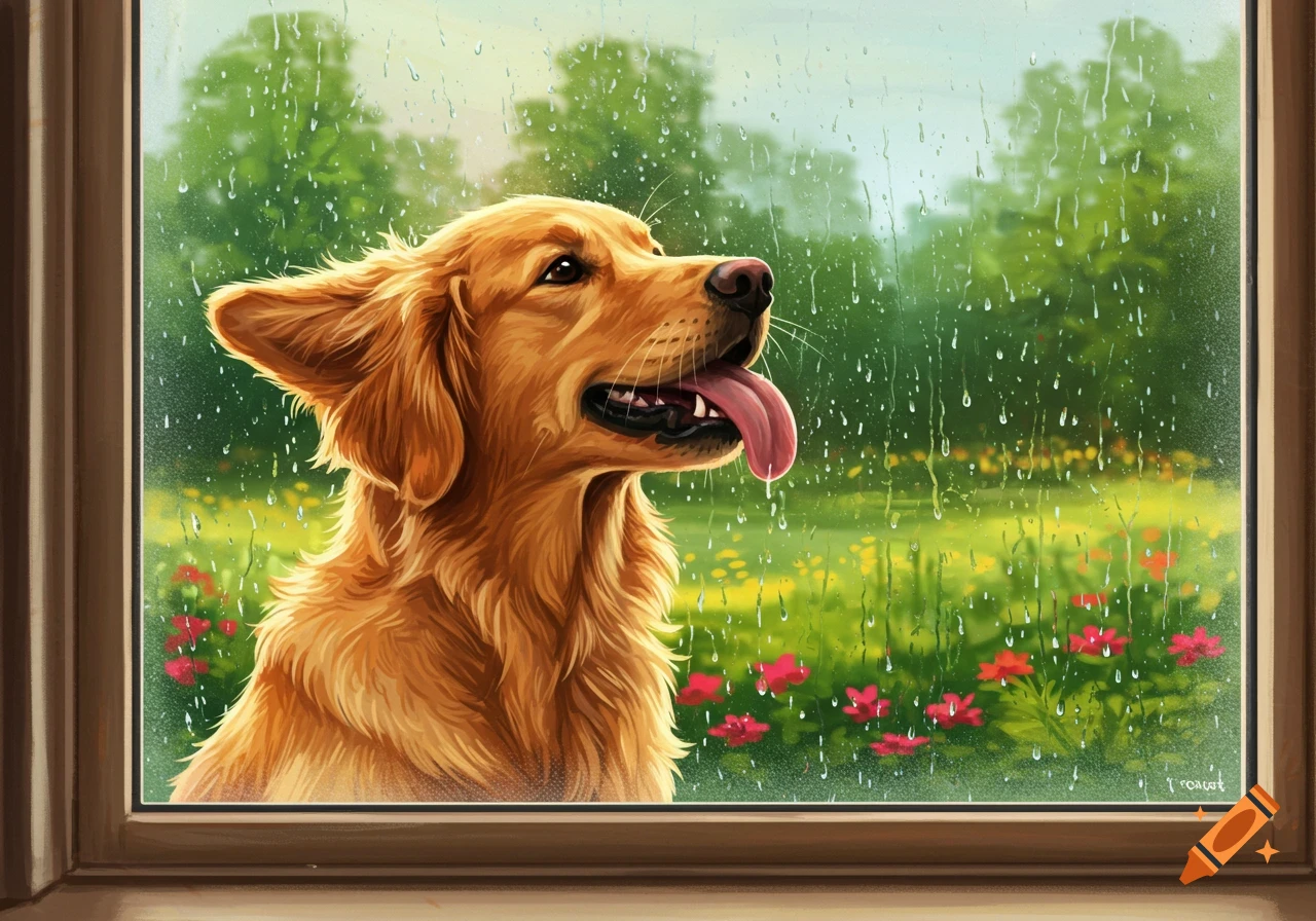 Illustration of a golden retriever looking out a rainy window at a green outdoor scene with flowers.