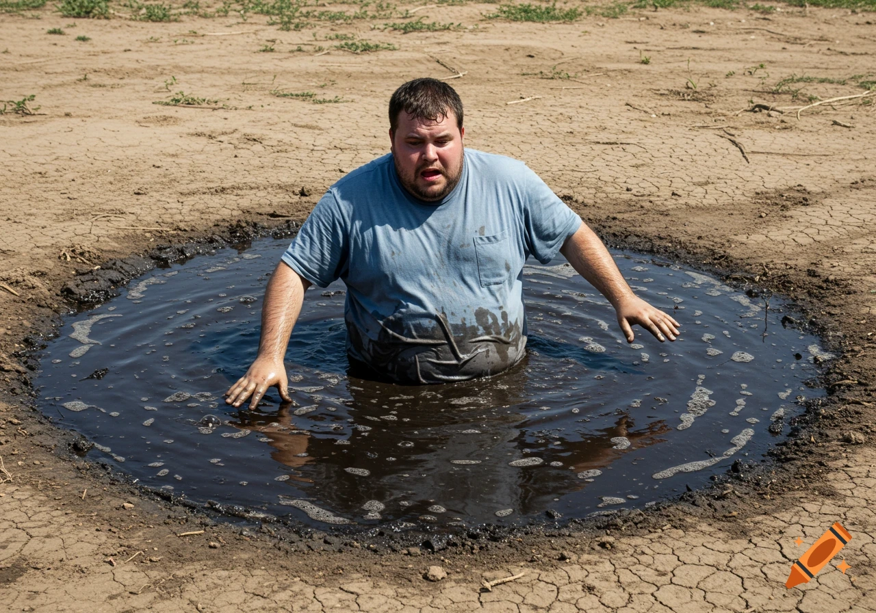 A man stands waist-deep in dark mud in a cracked dry field.