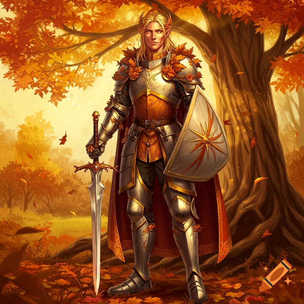 Male elven paladin in autumn armor holding a sword and shield in a forest.