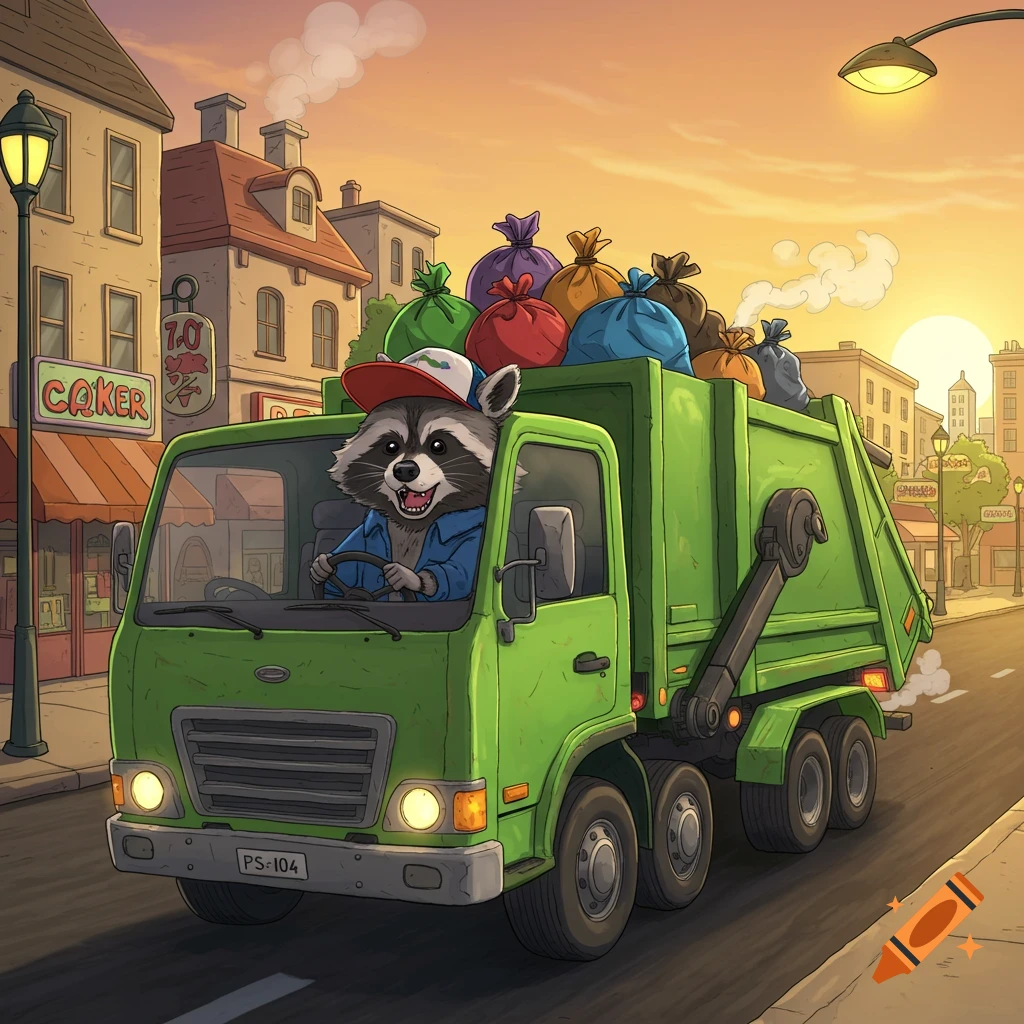 Cartoon raccoon driving a green garbage truck down a city street at sunset, full of colorful trash bags.