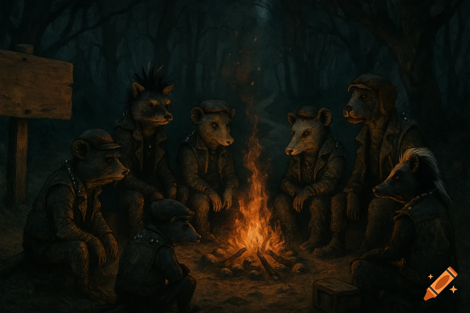Anthropomorphic punk animals gather around a campfire in a dark forest digital painting.