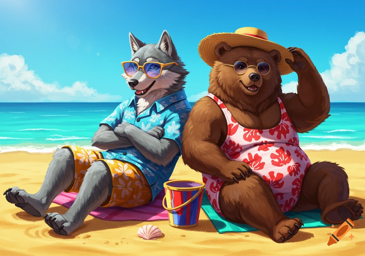 Wolf and bear in sunglasses and swimwear relax on a sunny beach.