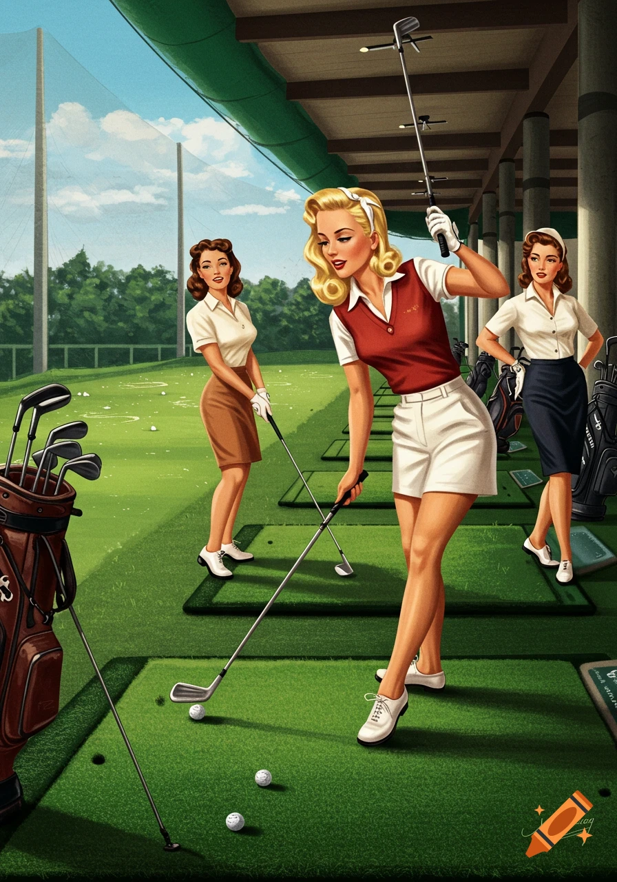 Vintage pin-up illustration of three women golfing at a driving range.
