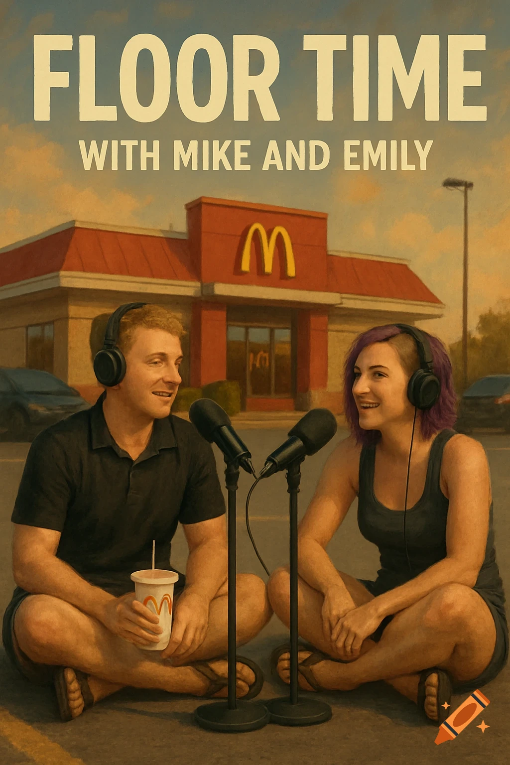 Two people with headphones and microphones sit in a McDonald's parking lot for a podcast, text "FLOOR TIME with Mike and Emily" above.
