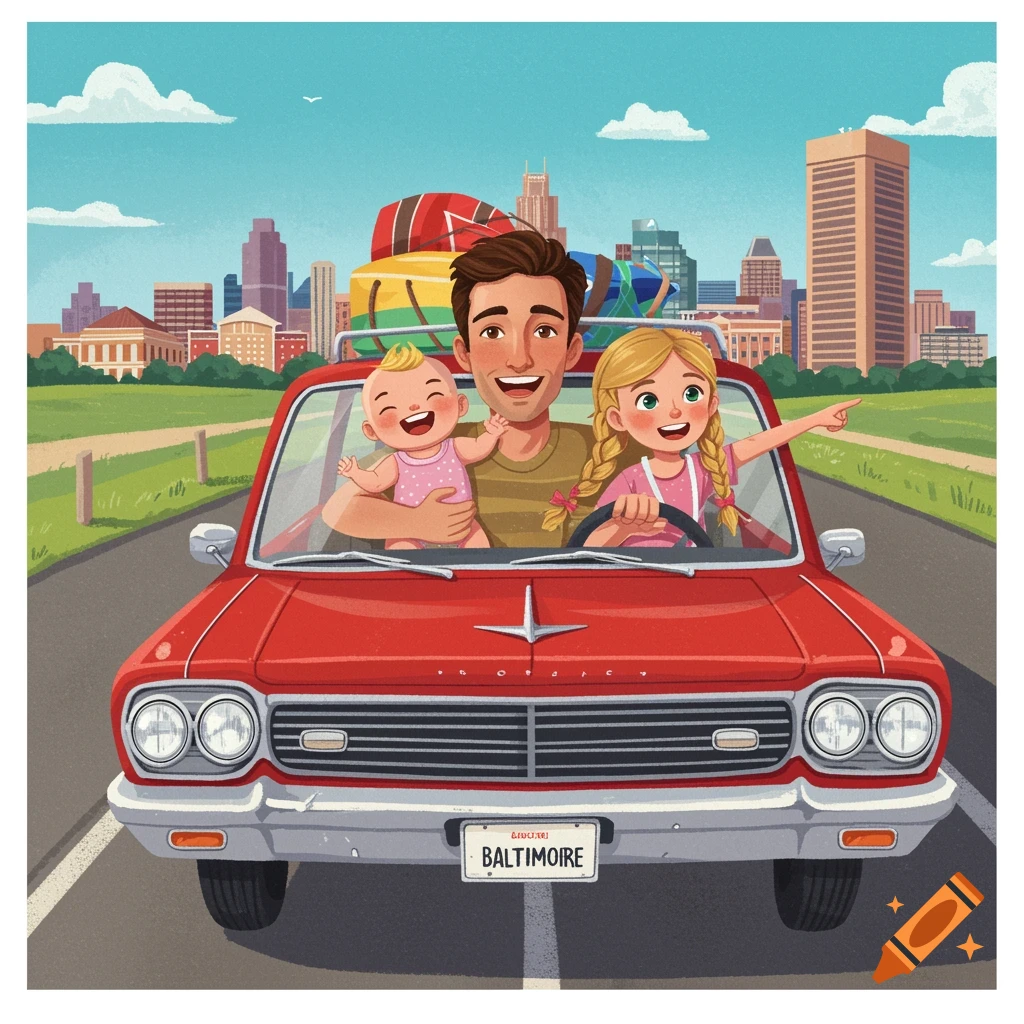 Illustration of a father, baby, and young girl in a red car driving towards a city skyline.