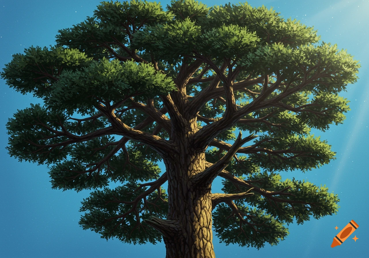 Large tree with green leaves against a blue sky, illustration