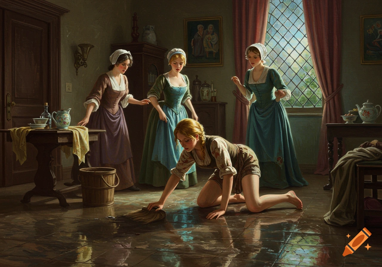Cinderella cleaning a wet floor on her hands and knees while her stepmother and stepsisters stand watching in a classical painting style.