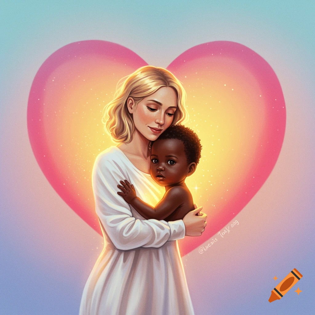 Illustrative image of a woman in a white dress holding a baby, with a large pink heart glowing behind them.