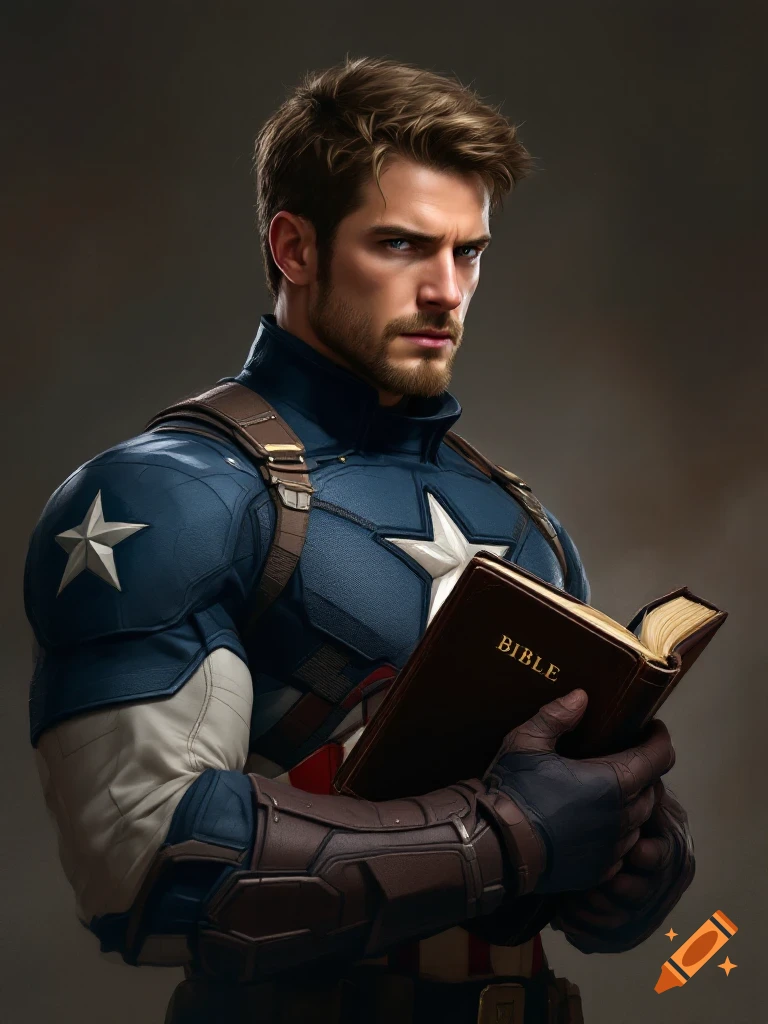 Captain America in uniform holds a Bible.