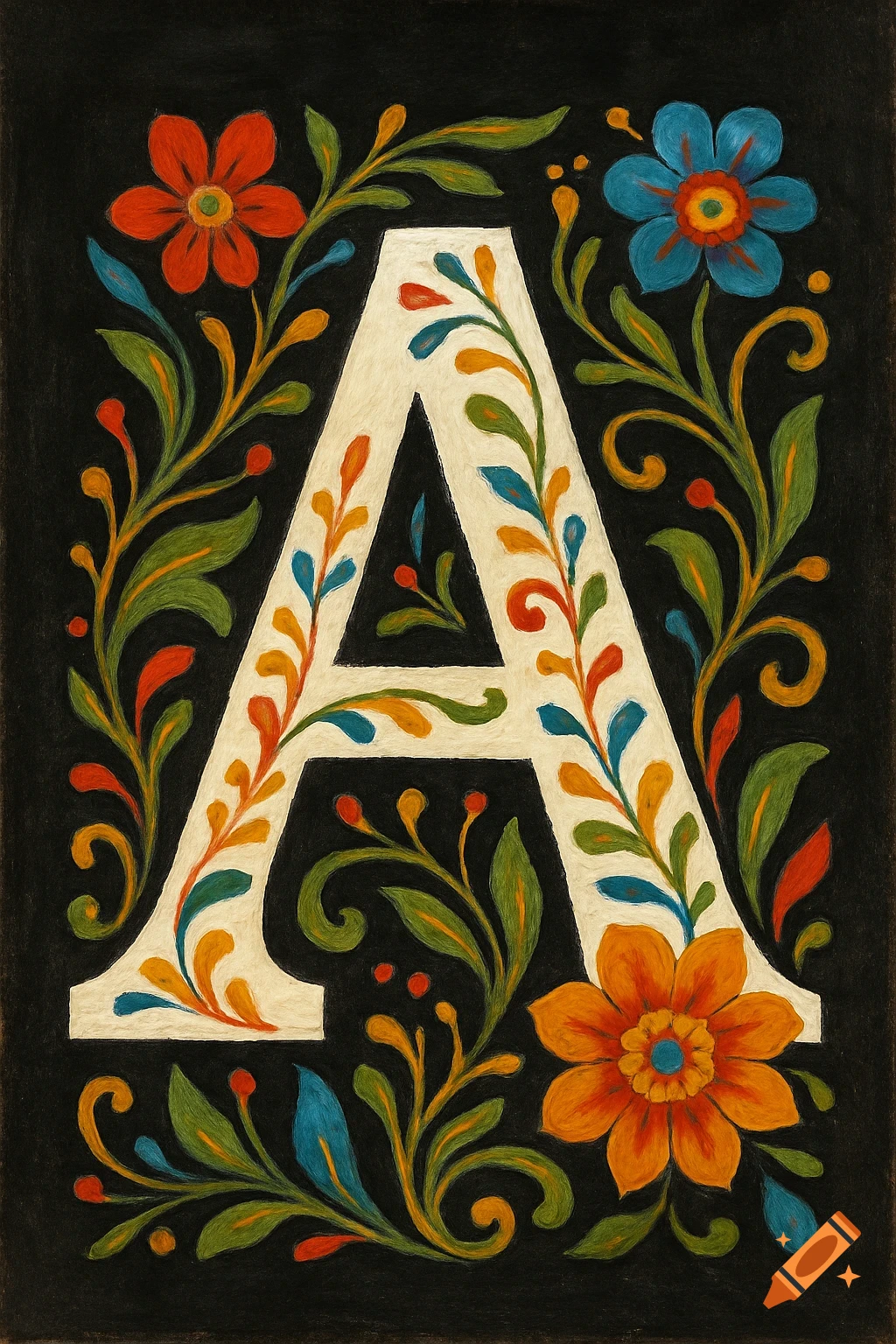 Decorative capital letter A with colorful flowers and vines on a black background, folk art style.