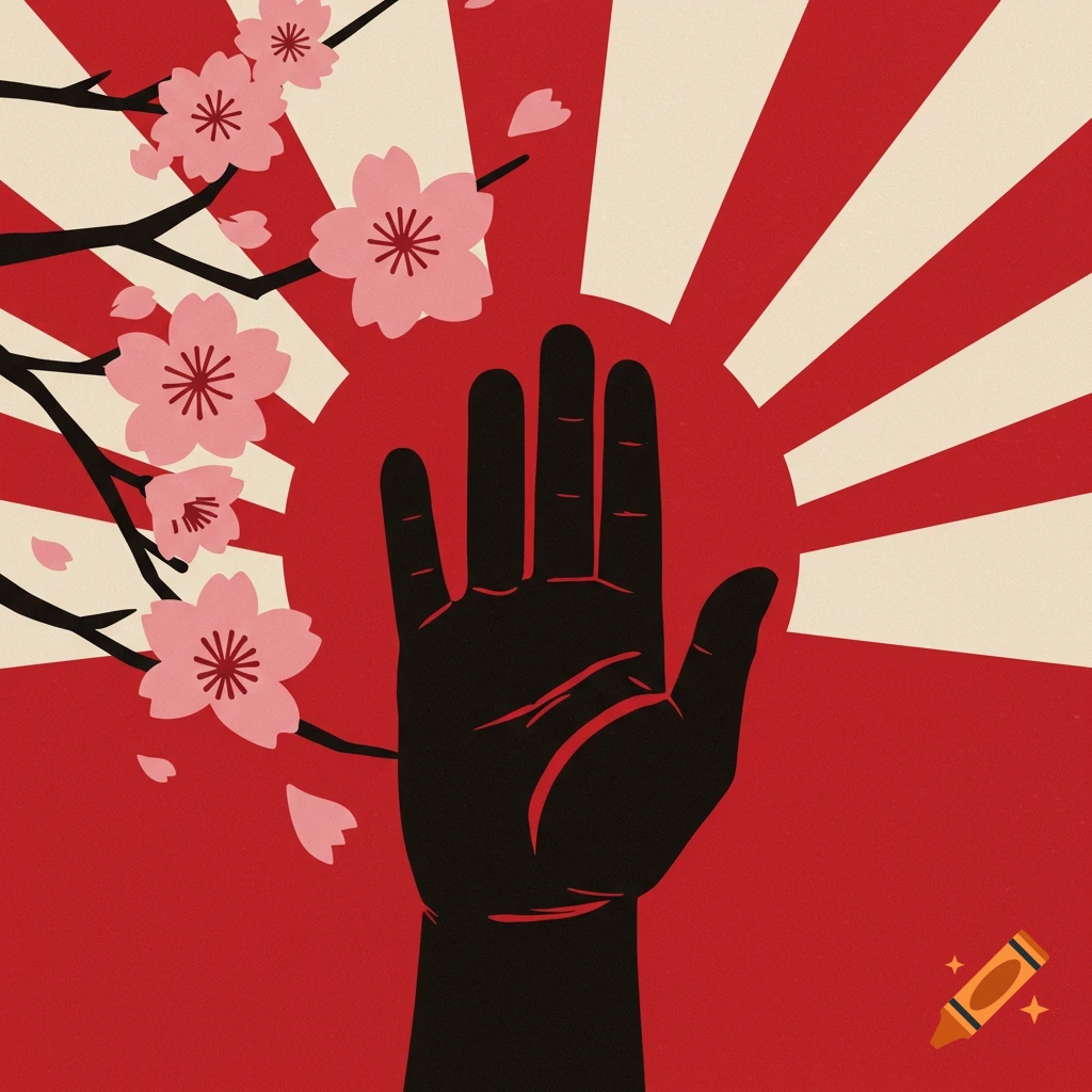 Graphic illustration of a black hand over a red sunburst with cherry blossoms.