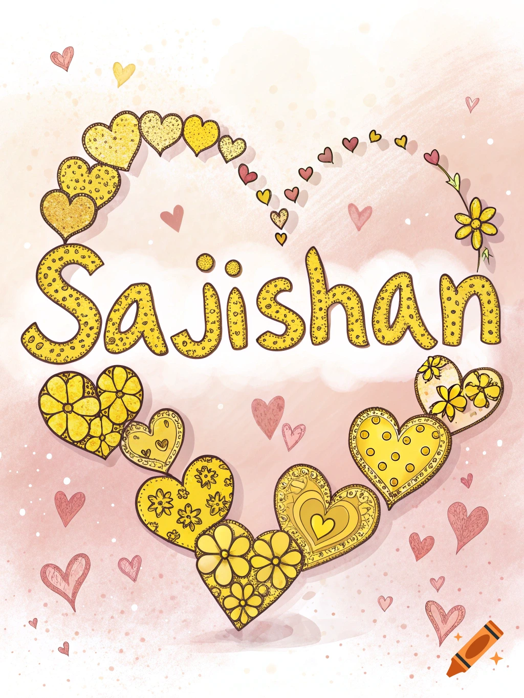 An illustration featuring the name Sajishan in yellow dotted letters, surrounded by yellow and pink hearts on a textured pink background.