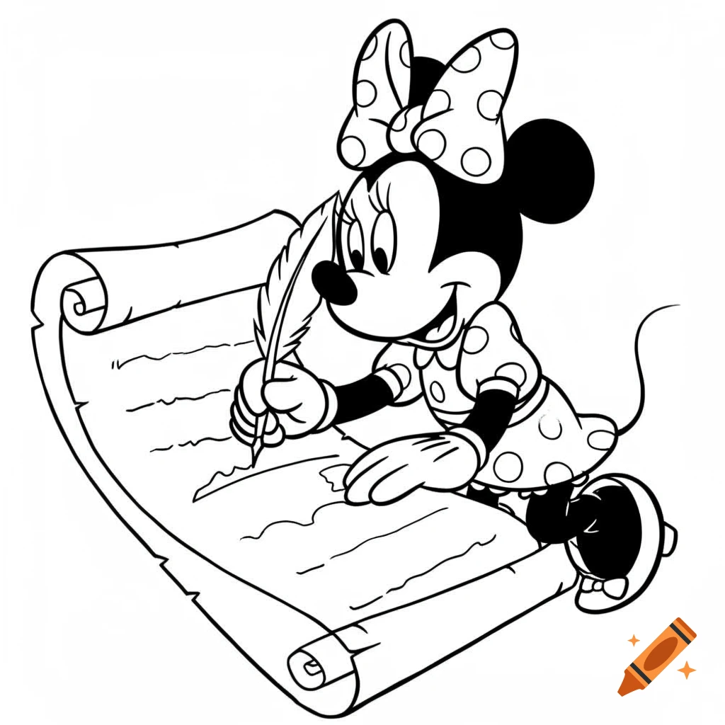 Black and white coloring page of Minnie Mouse writing on a scroll with a quill.