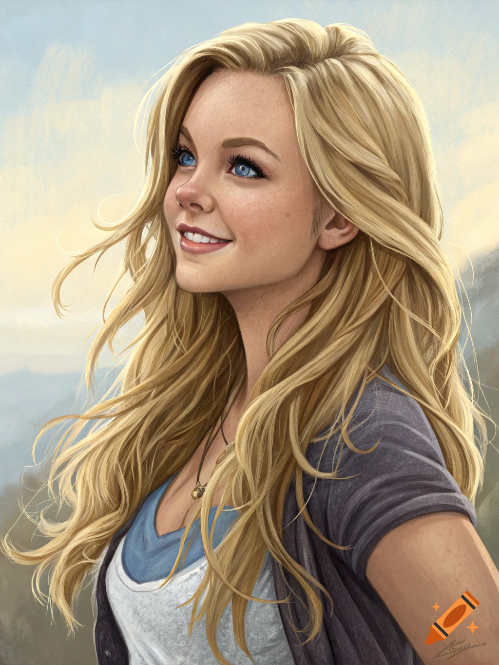 Digital painting of a smiling young woman with blonde hair and blue ...