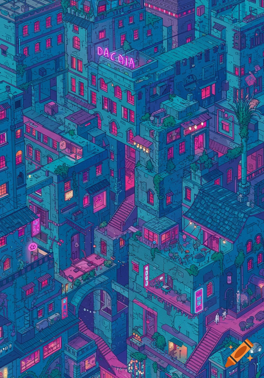 Isometric view of a colorful, dense city maze with glowing neon lights and intricate buildings.