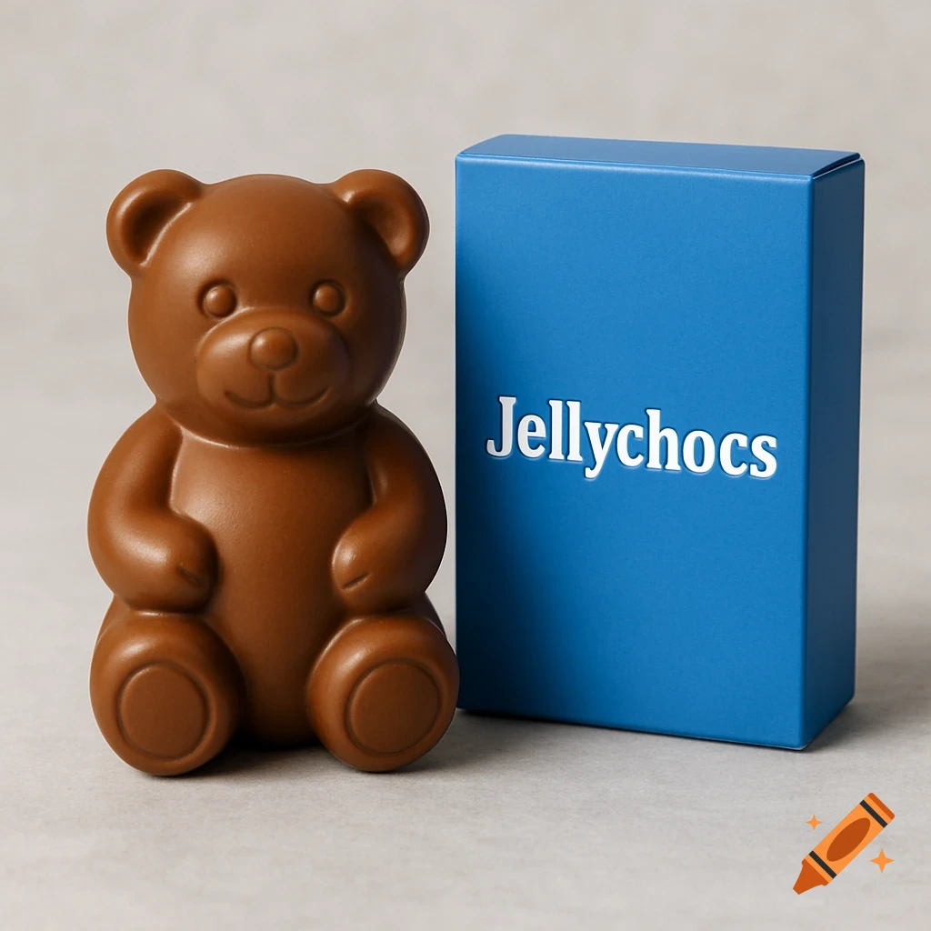 Chocolate teddy bear next to a blue box with Jellychocs on it