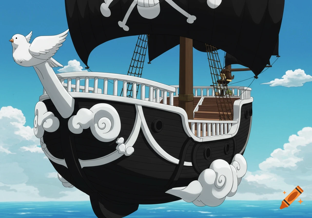 Anime style flying ship with a dove figurehead and skull & crossbones flag floating over the ocean.