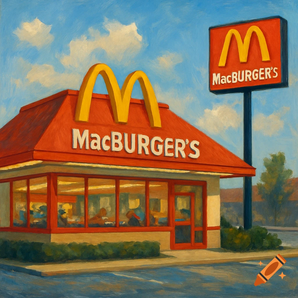 Painterly image of a MacBurger's fast food restaurant building with a large sign under a blue sky.