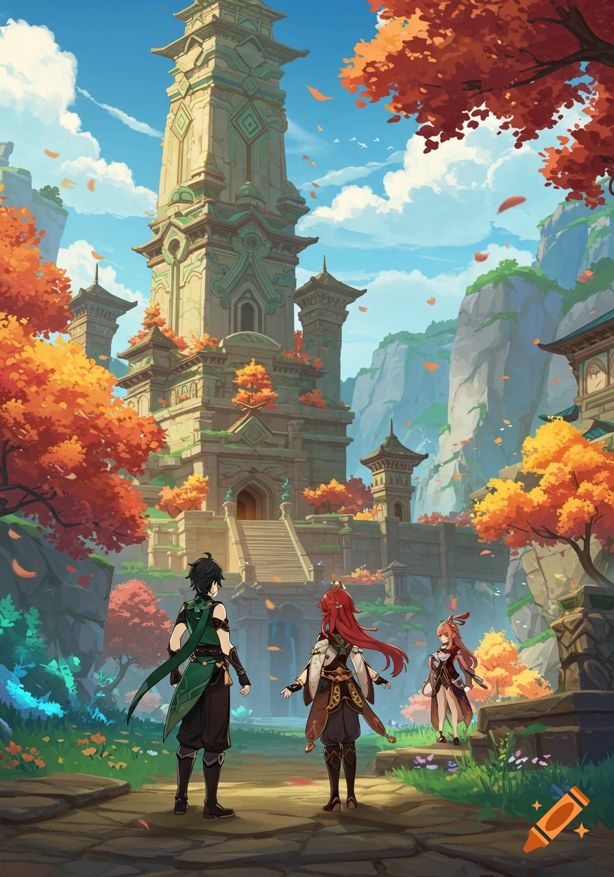 Three characters in a fantasy landscape with autumn trees and a large ornate building.