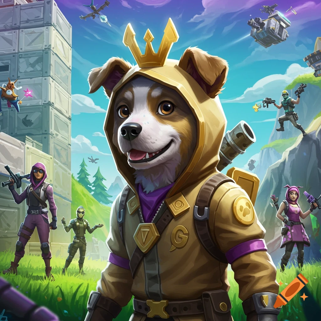 Cartoon dog character in a golden hoodie and crown in a Fortnite-like landscape with other game characters.
