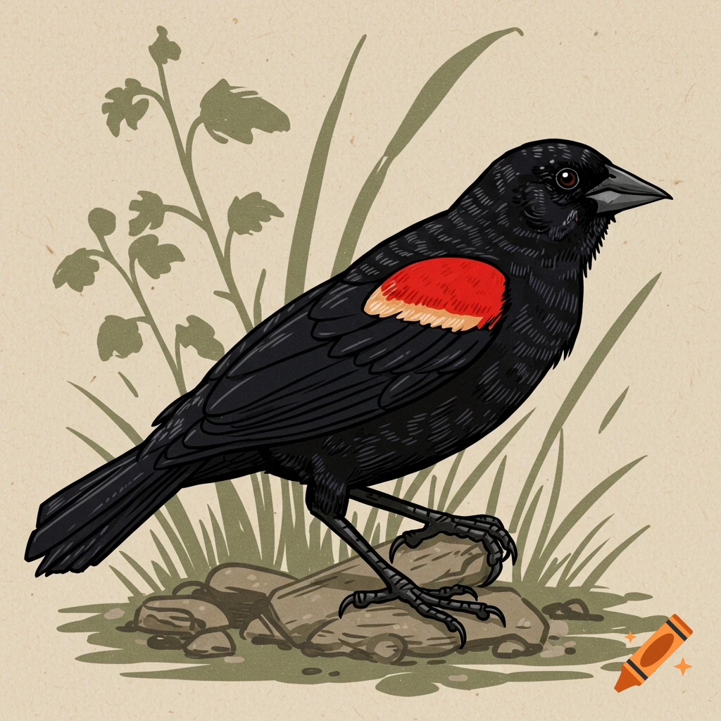 Medieval woodcut illustration of a red-winged blackbird standing on rocks.