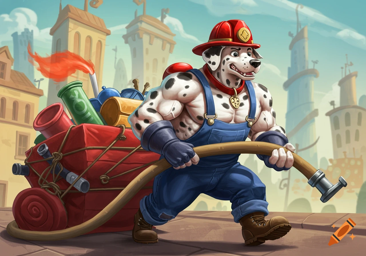 A muscular dalmatian dog in firefighter gear pulls a cart with a firehose in a cartoon style.