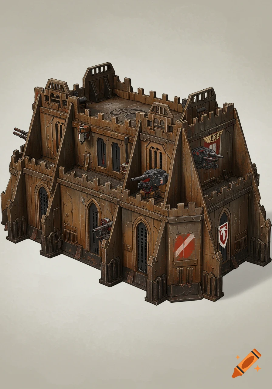 Detailed miniature wargaming terrain of a sci-fi fortress.