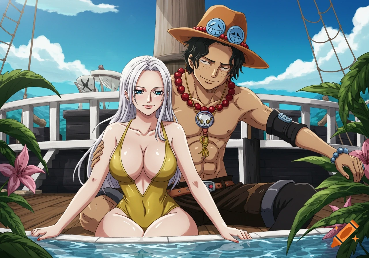 Anime image of two characters, Ace and a woman, sitting by a pool on a ship deck.