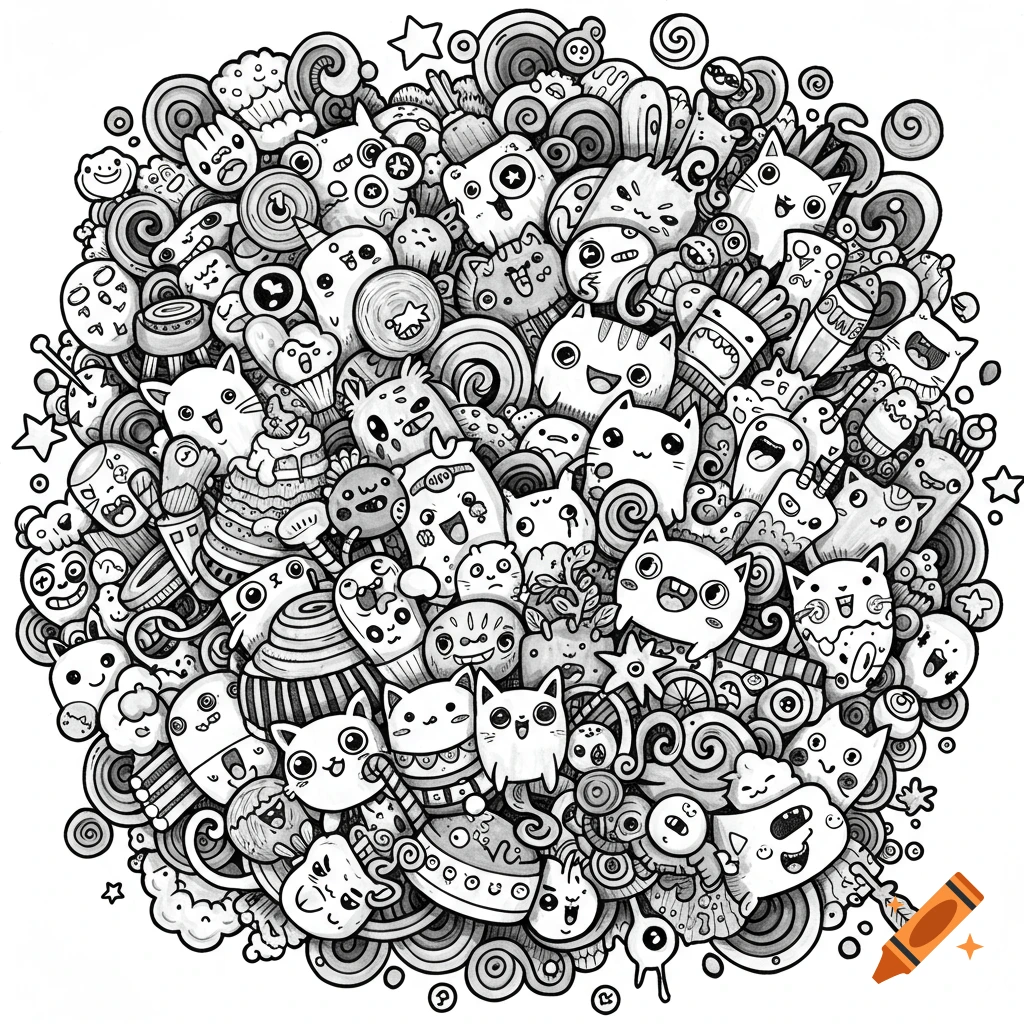 Dense black and white doodle art featuring many cute cartoon creatures, cats, stars, and objects packed tightly together.