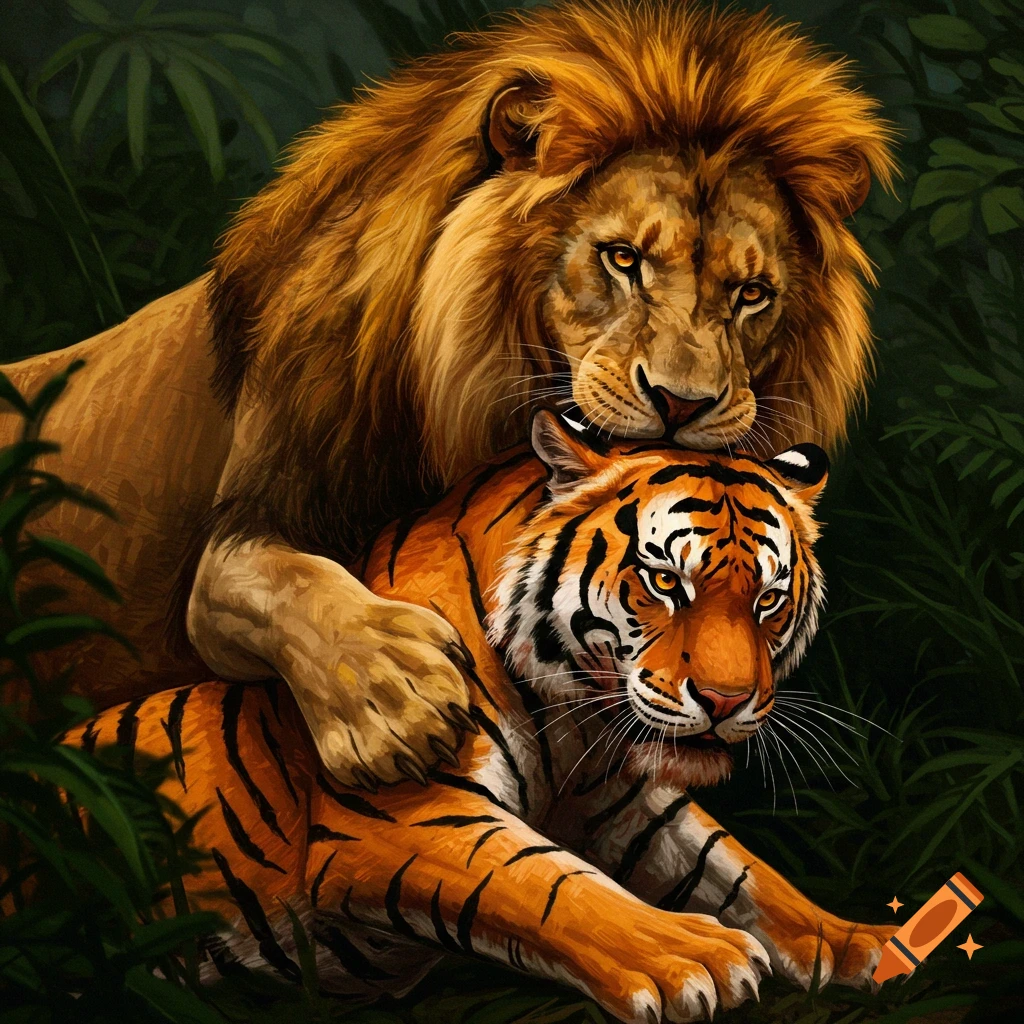 Digital painting of a lion embracing a tiger in a jungle.