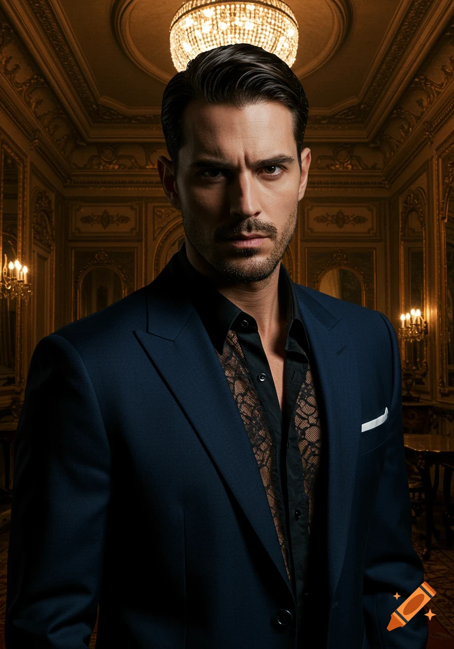 A man in a dark blue suit and lacy black shirt stands in a luxurious room.