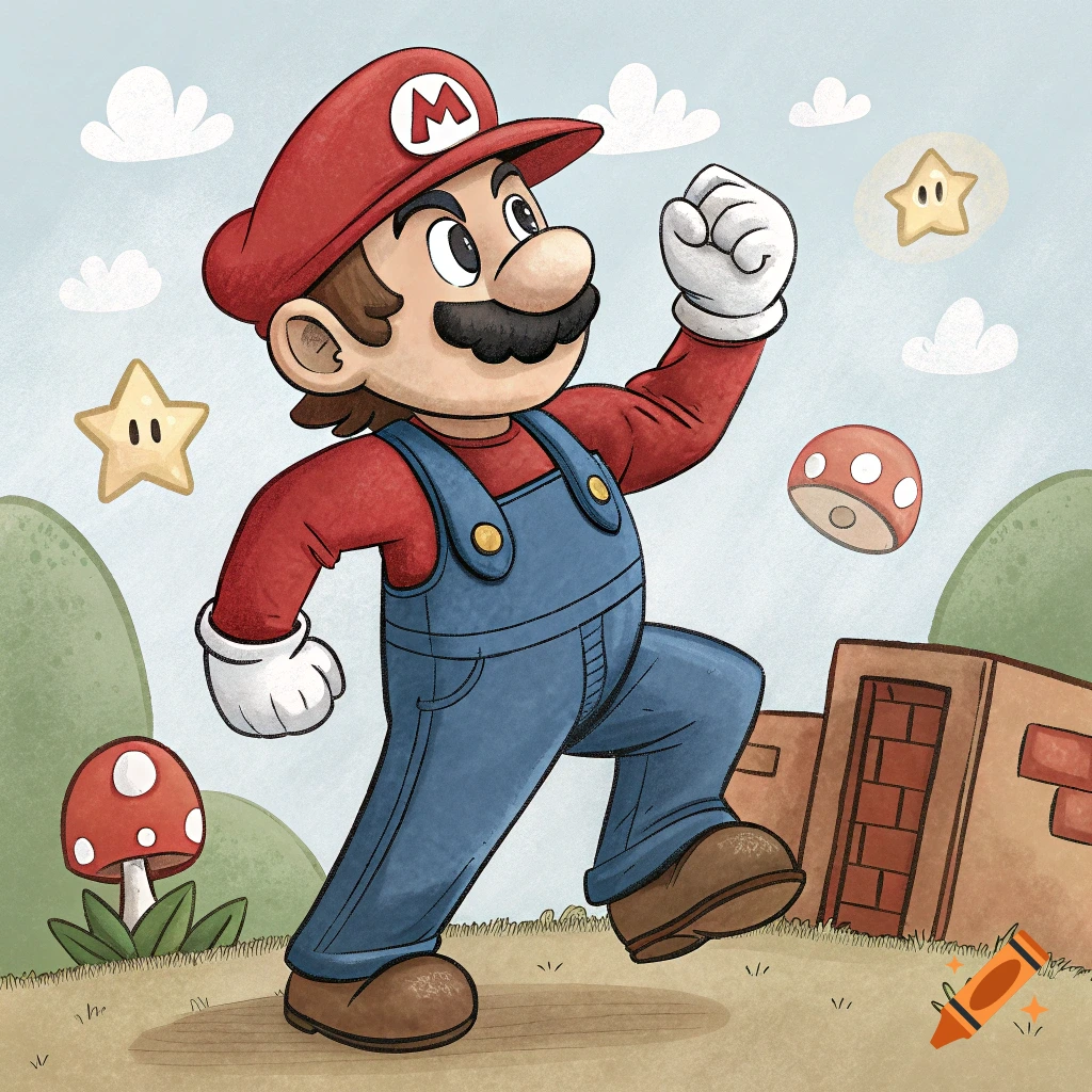 Cartoon illustration of Mario running and jumping in a video game world with stars and mushrooms