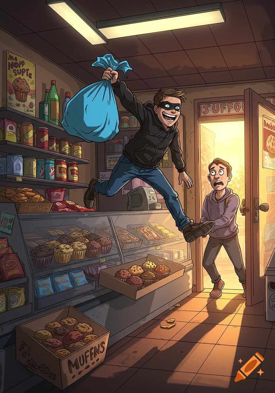 A cartoon robber jumps over a store display case with a bag, startling the shopkeeper.