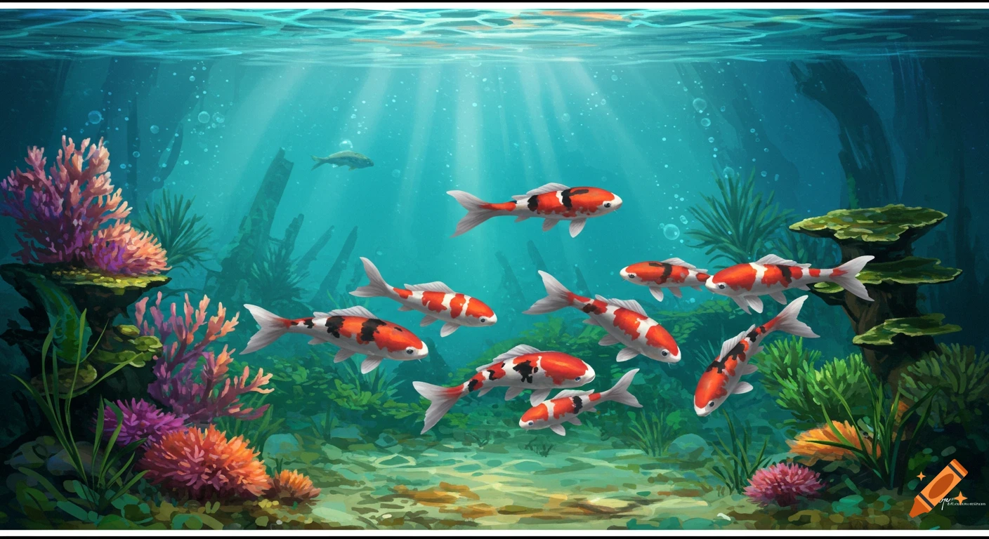 Stylized illustration of many orange and white koi fish swimming in a sunlit aquarium with coral and plants.