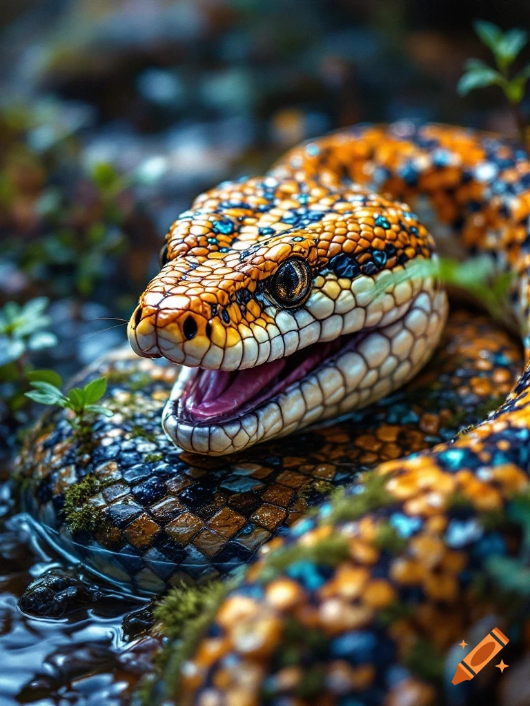 Close-up of a colorful snake with textured scales in a wet environment.