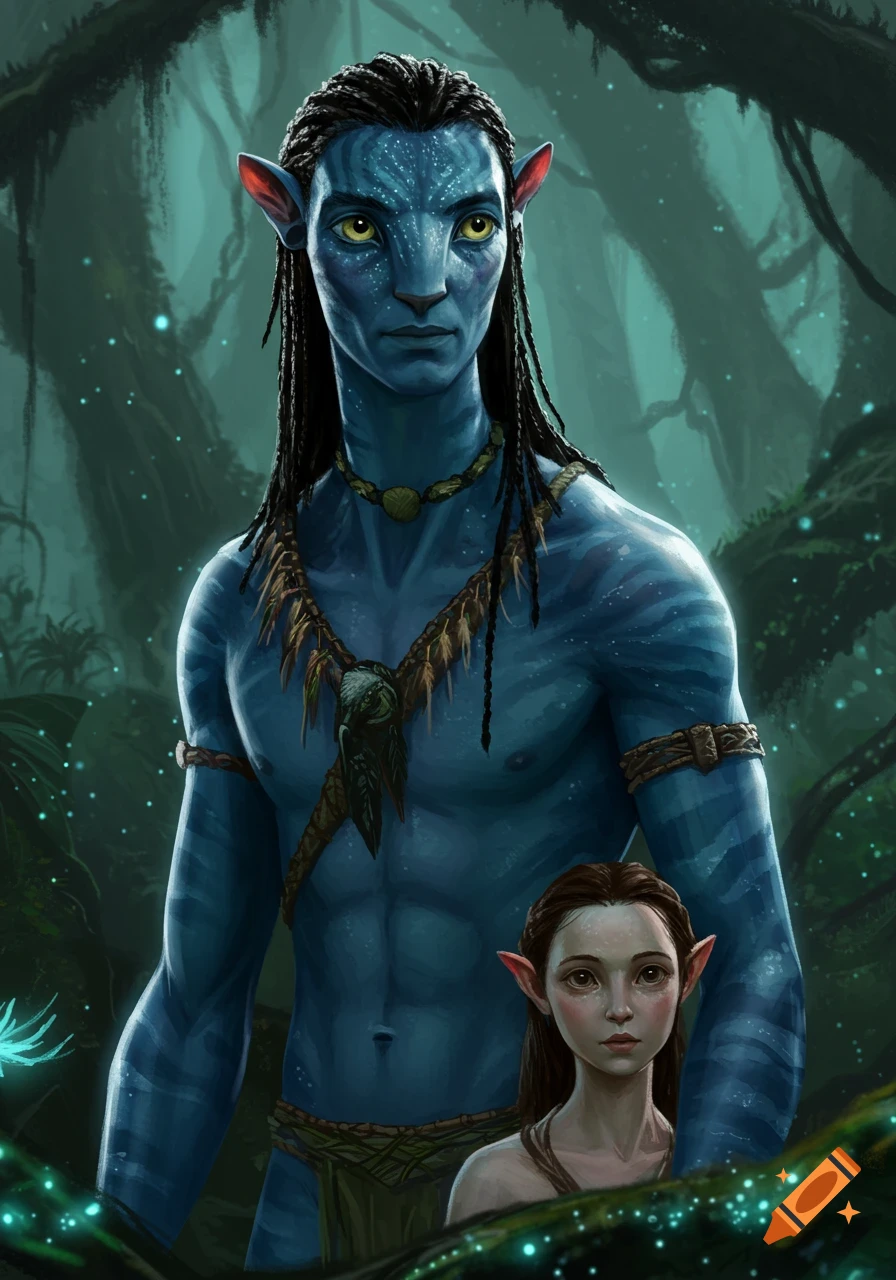 A Na'vi man with a small human girl in a jungle, digital painting.
