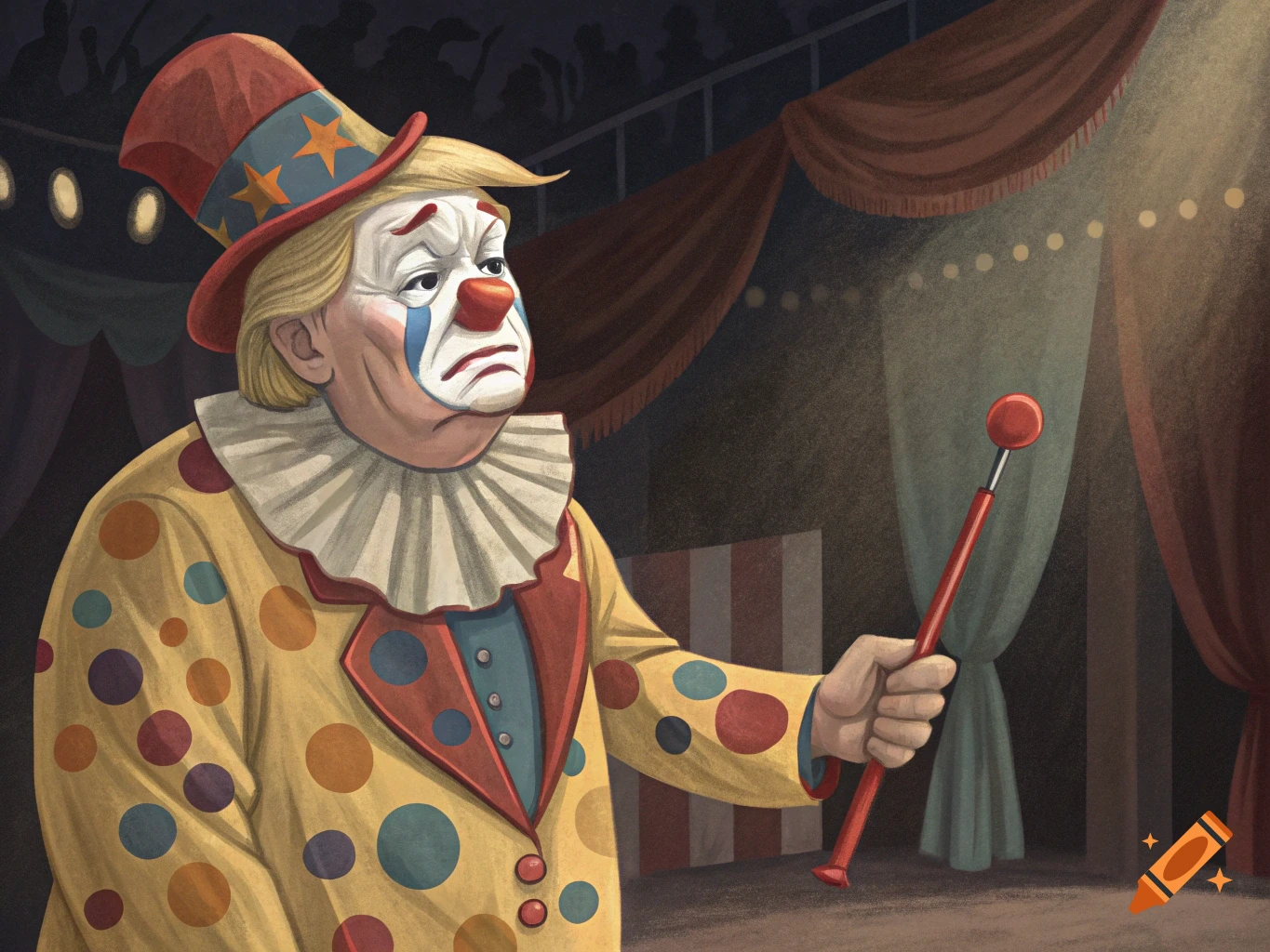 A sad clown in a polka dot suit and star top hat holds a red stick in a circus tent.